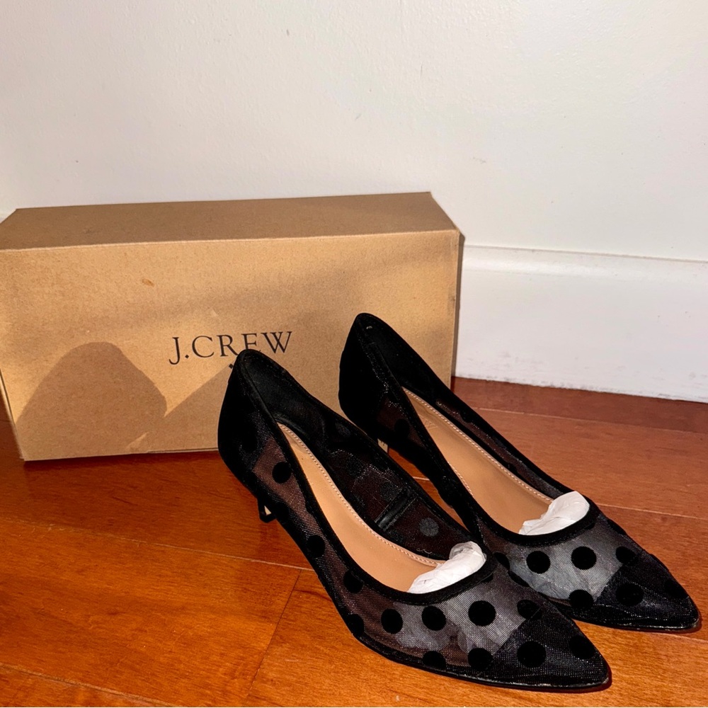 J. Crew Black Mesh Polka-Dot Esme Kitten Heels - Picture 2 of 6